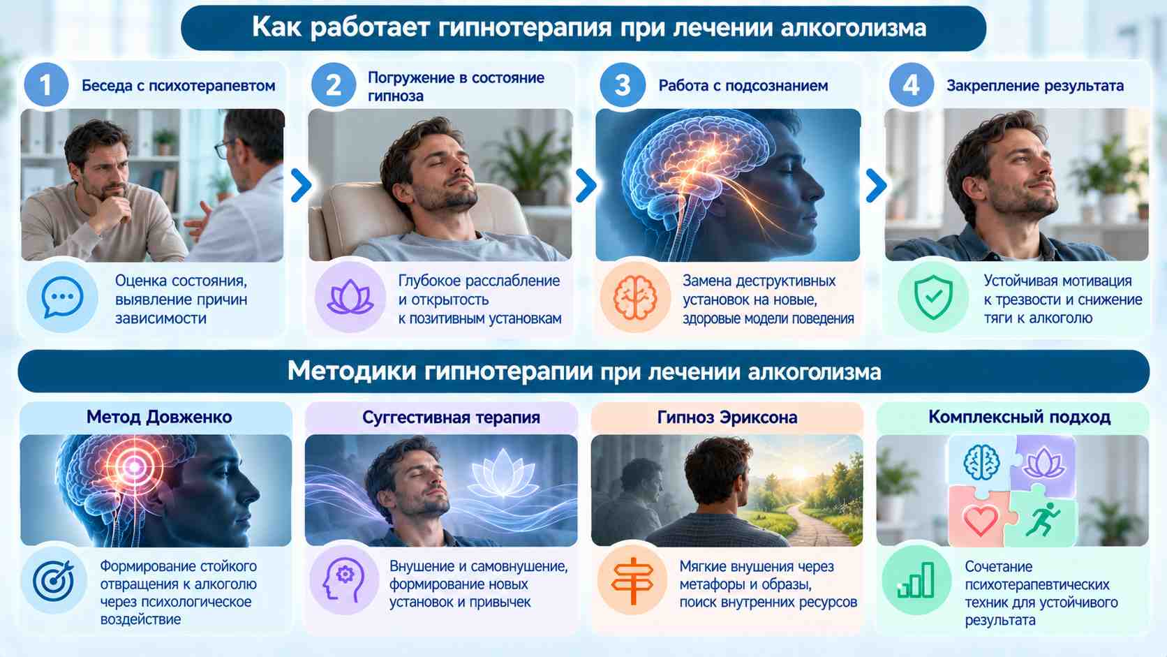 Инфографика об этапах гипнотерапии при алкогольной зависимости: консультация психотерапевта, расслабление, работа с психологическими установками и поддержка мотивации.